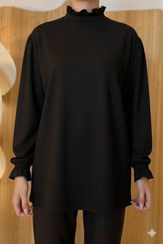 Essential Body Stretch Cotton Ruffle Neck Layering Top Black /14= pre order due approx 1 week